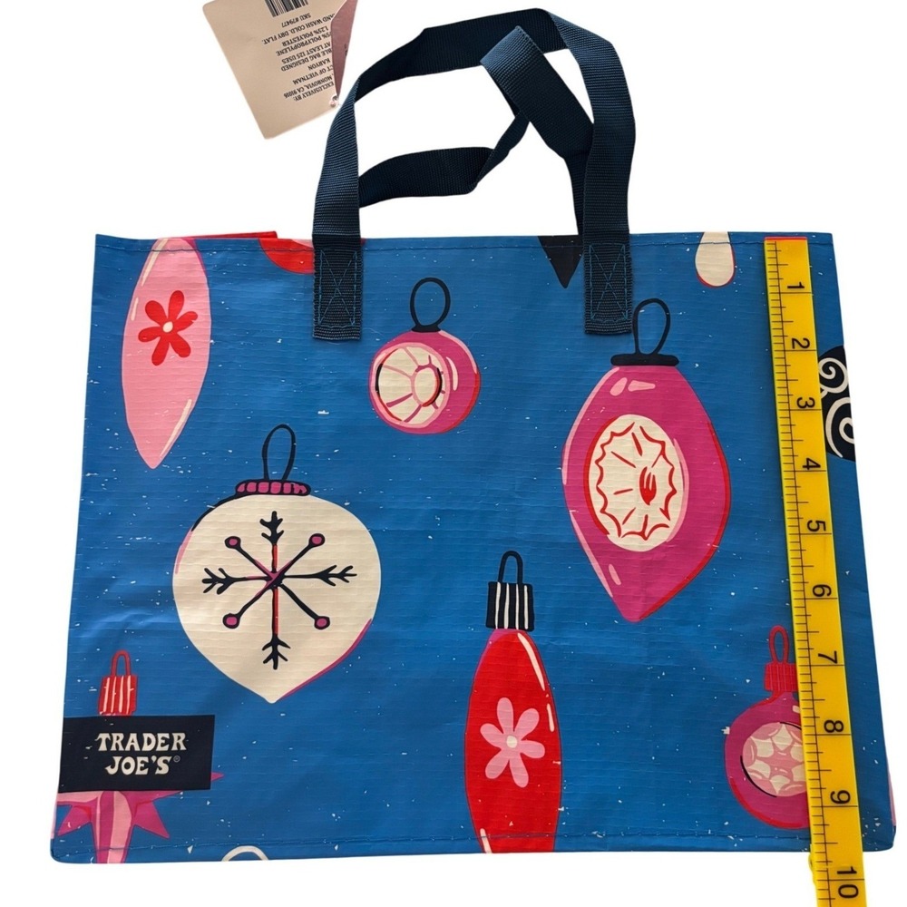 Trader Joes Reusable Gift Bag Holiday 2025 Ornaments Blue Pink‎ Christmas - 2
